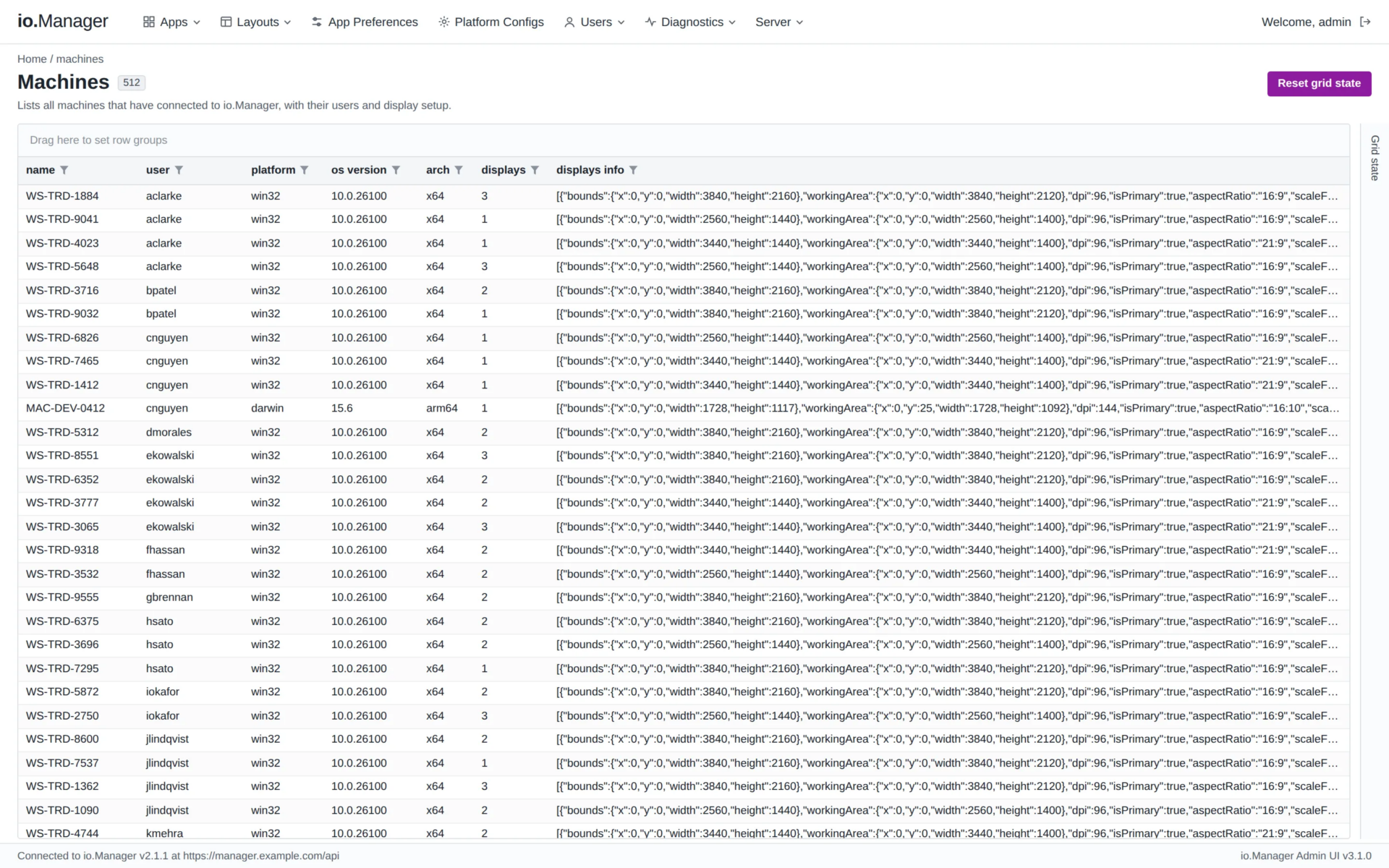 io.Manager Machines view listing each trader’s machines and monitor setup