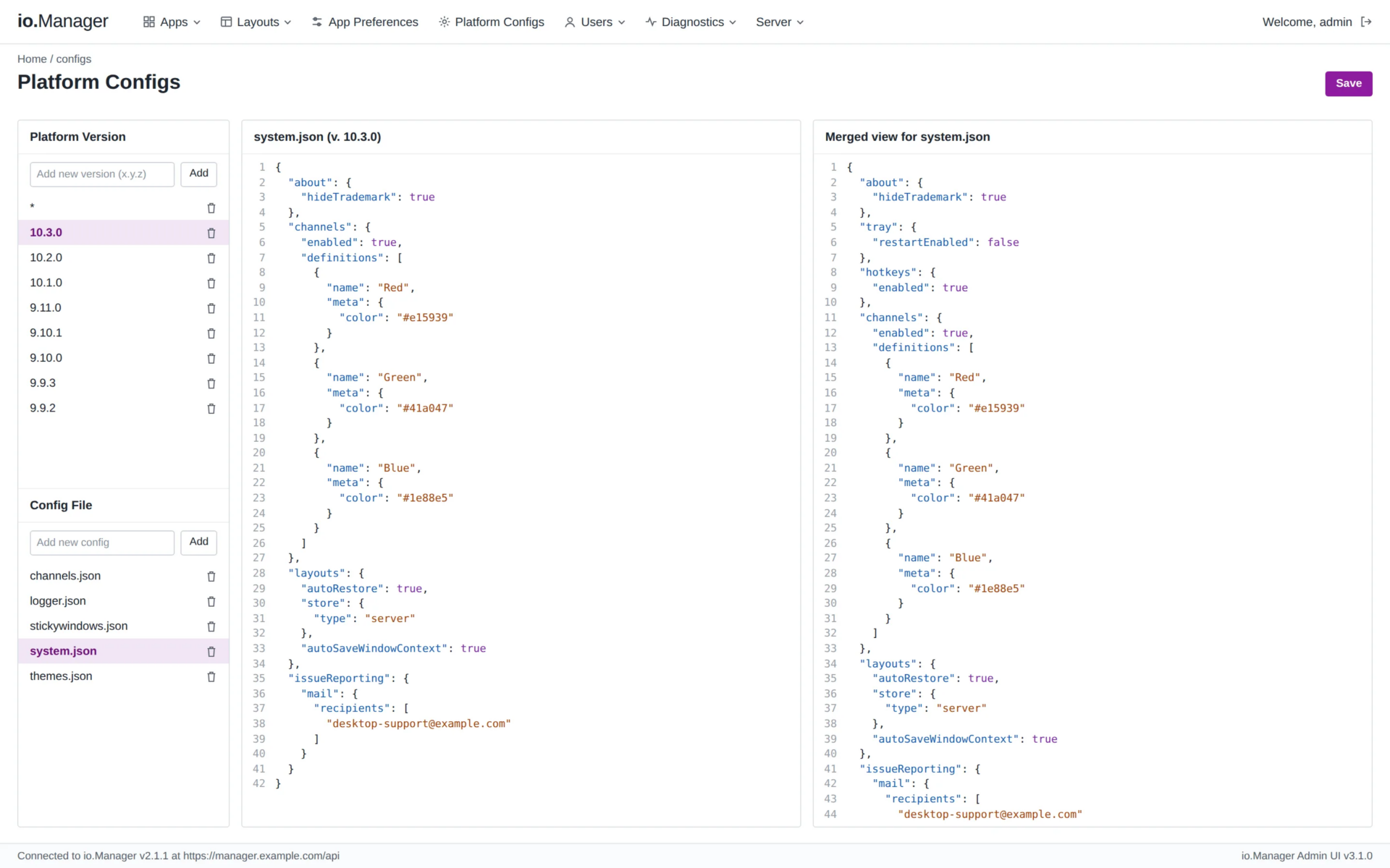 io.Manager Platform Configs screen with a system.json file and its merged view side by side